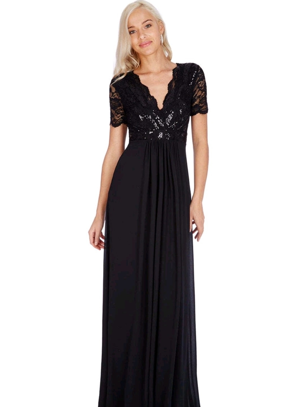 Goddiva London Black Sequin Lace V-Neck Short Sleeve Empire Waist Maxi Dress